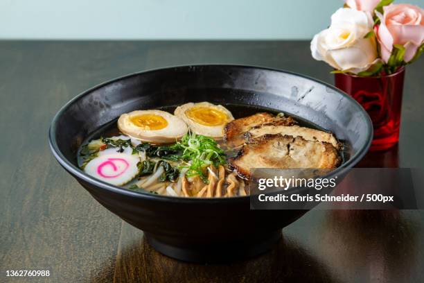 japanese food,high angle view of soup in bowl on table,massachusetts,united states,usa - miso stock-fotos und bilder