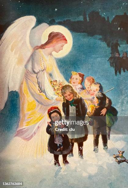 stockillustraties, clipart, cartoons en iconen met holy christmas angel and children in the snow - launches the imagine project to celebrate the 25th anniversary of the rights of a child