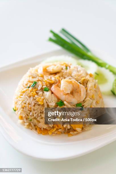 shrimps and crab fried rice,close-up of rice in plate on table - チャーハン ストックフォトと画像