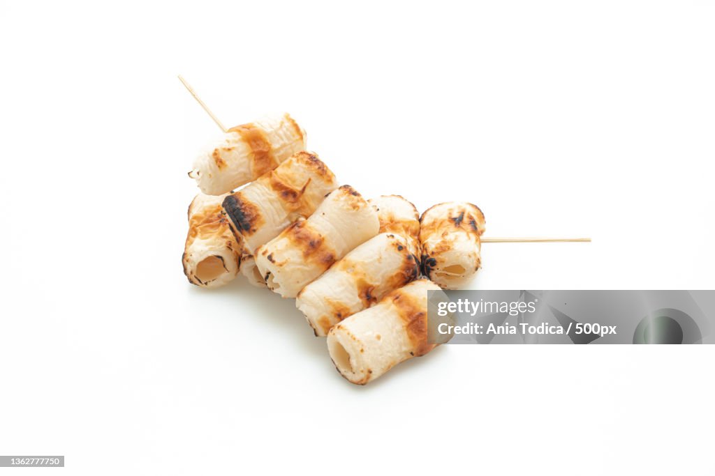 Grilled tube shaped fish paste cake skewer