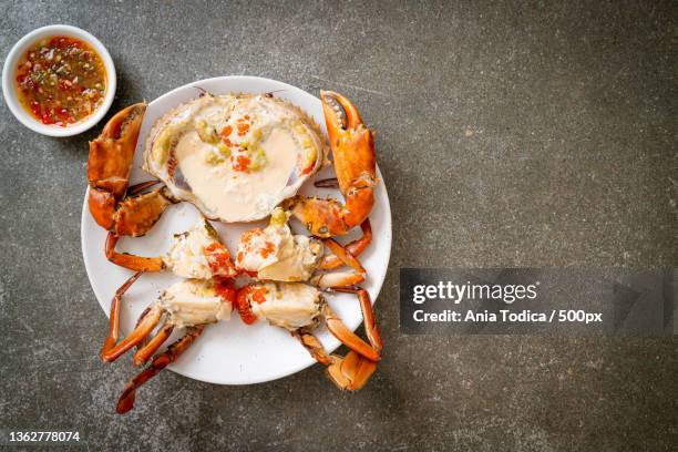 steamed egg crab with fresh milk,high angle view of seafood in plate - bollito foto e immagini stock
