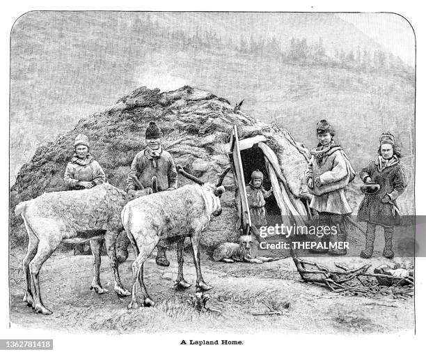 a lapland home and reindeer engraving 1867 - finland winter stock illustrations