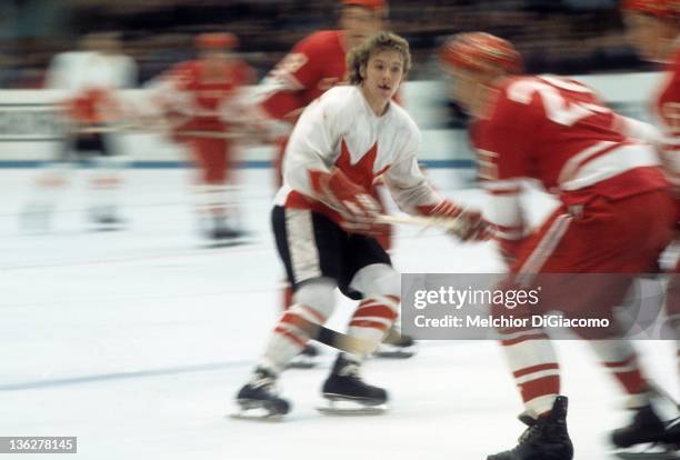 Bobby Clarke of Canada skates on the ice during the game against the Soviet Union in the 1972 Summit Series at the Luzhniki Ice Palace in Moscow,...