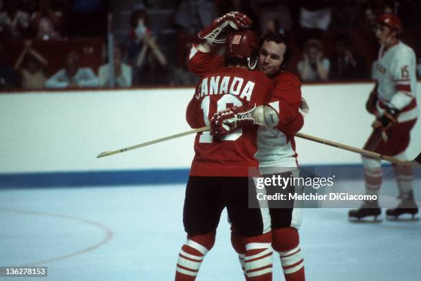 Paul Henderson and Ron Ellis of Canada celebrate during their game against the Soviet Union in Game 1 of the 1972 Summit Series on September 2, 1972...