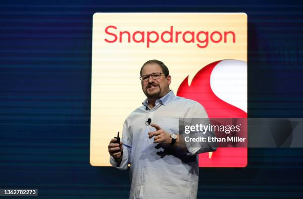 Qualcomm Inc. President and CEO Cristiano Amon speaks during the company's press event for CES 2022 at the Mandalay Bay Convention Center on January...