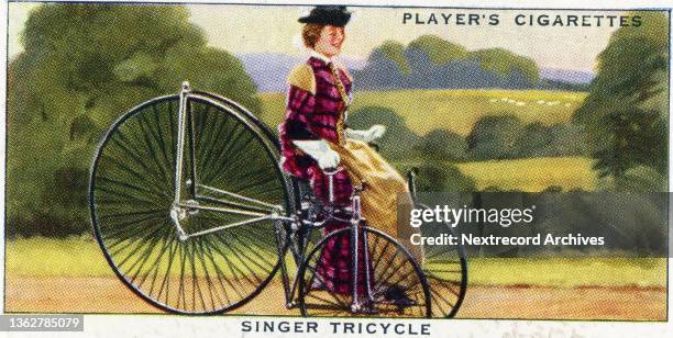 Collectible tobacco or cigarette card, 'Cycling' series, published in 1939 by John Player and Sons Cigarettes, depicting the 100 year history of the...