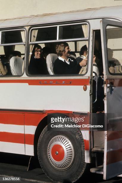 Goalie Ken Dryden of Canada rides the bus during the 1972 Summit Series in Moscow, Russia.