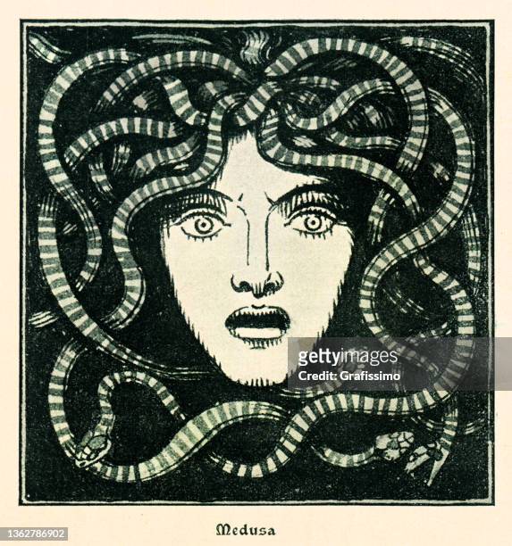 kopf der medusa mit schlangenzeichnung 1899 - mythologie stock-grafiken, -clipart, -cartoons und -symbole