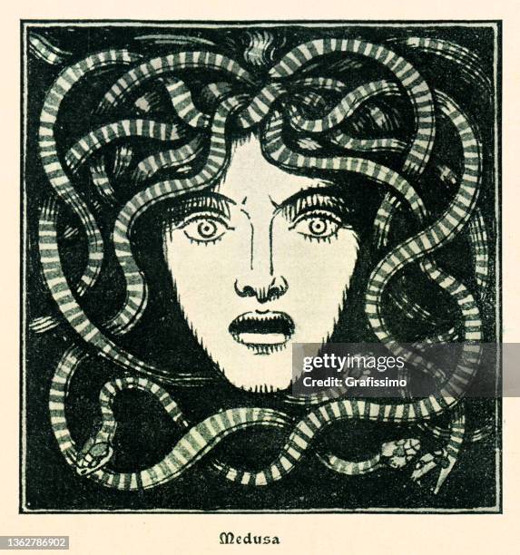 ilustraciones, imágenes clip art, dibujos animados e iconos de stock de cabeza de medusa con dibujo de serpientes 1899 - gorgon medusa