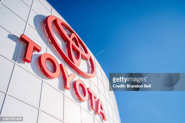 Toyota sign is displayed at a dealership on January 04, 2022 in Houston, Texas. Toyota Motor Corp has been ranked the No. 1 automaker in America...