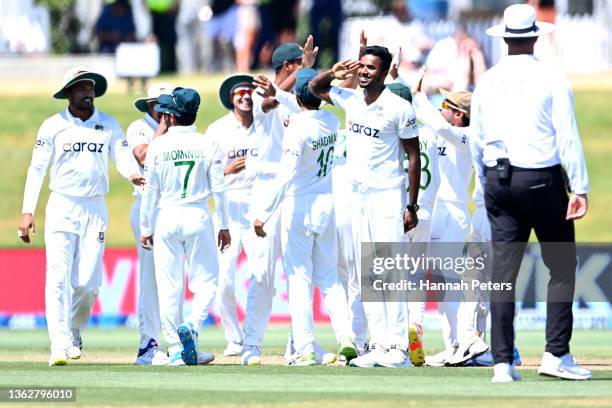 Ebadot Hossain of Bangladesh celebrates the wicket of Kyle Jamieson of the Black Caps during day five of the First Test Match in the series between...