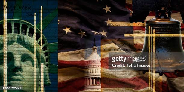 patriotic composition showing symbols of american independence - liberty bell flag stock pictures, royalty-free photos & images