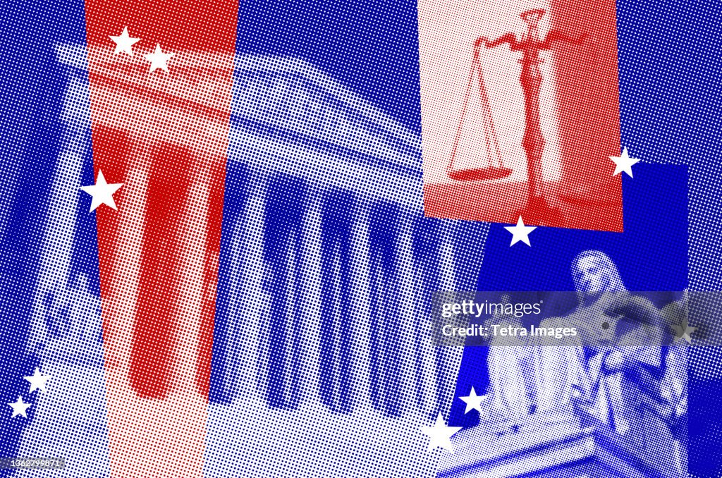 USA, Washington D.C., Pixelated graphic of Supreme Court Building with Contemplation of Justice statue and scale