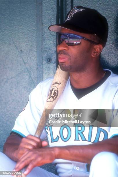 Devon White of the Florida Marlins looks on before a baseball game against the Philadelphia Phillies on June 25, 1997 at Veterans Stadium in...