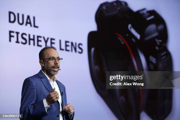 Drew MacCallum, Technical Information Advisor of Customer Experience Marketing at Canon U.S.A., Inc., speaks during a Canon press event for CES 2022...