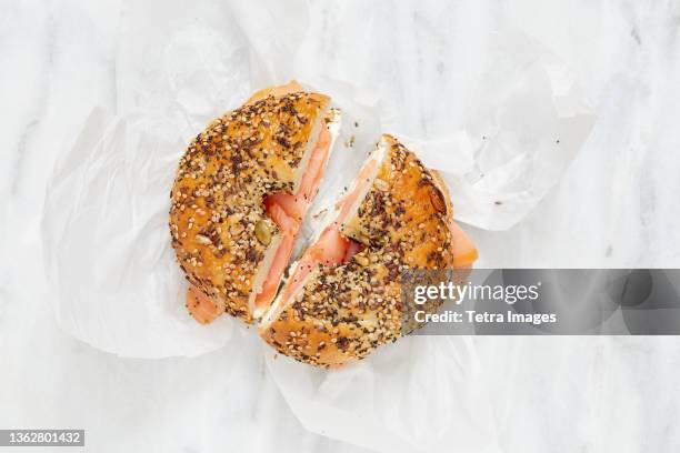 overhead view of bagel with lox and cream cheese - smoked salmon stock pictures, royalty-free photos & images