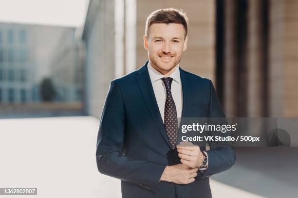 handsome male with beard,dressed in formal suit,poses outdoor - male portrait suit and tie stock-fotos und bilder