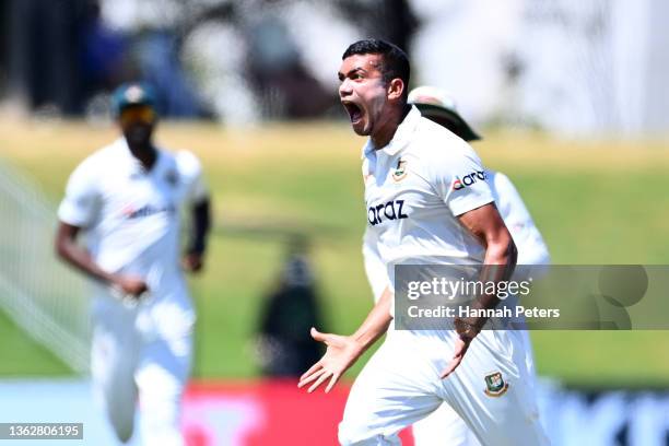 Taskin Ahmed of Bangladesh celebrates the wicket of Rachin Ravindra of the Black Caps during day five of the First Test Match in the series between...