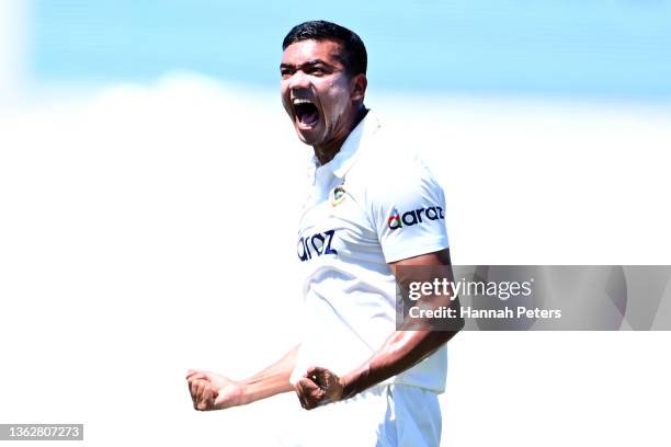 Taskin Ahmed of Bangladesh celebrates the wicket of Rachin Ravindra of the Black Caps during day five of the First Test Match in the series between...