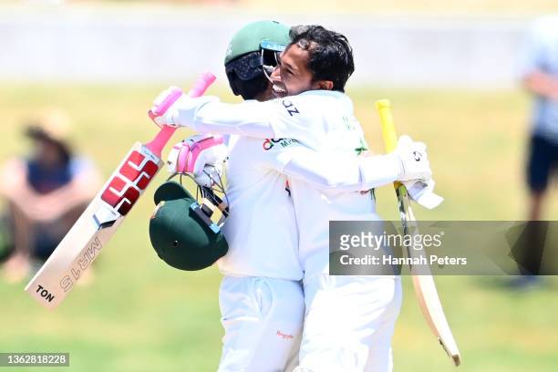 Mominul Haque and Mushfiqur Rahim of Bangladesh celebrate after winning the test match on day five of the First Test Match in the series between New...