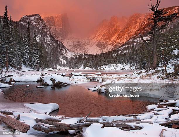 snowy sunrise at dream lake - rocky mountain national park stock pictures, royalty-free photos & images