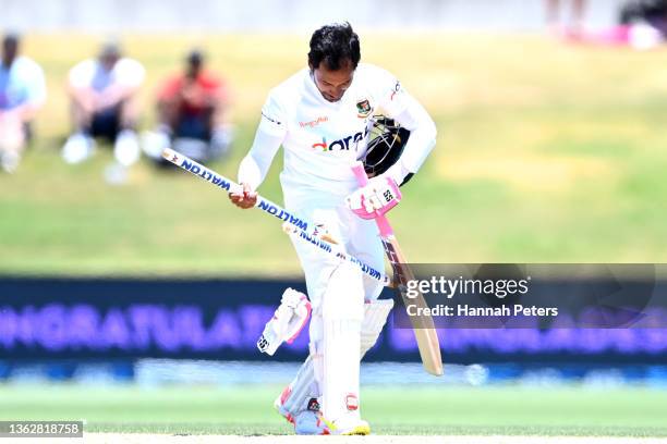 Mushfiqur Rahim of Bangladesh celebrates with the wickets after winning the test match on day five of the First Test Match in the series between New...