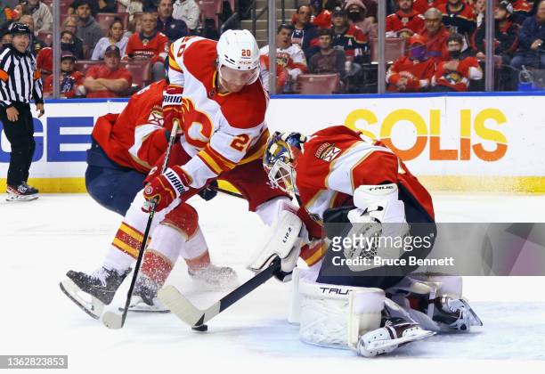 Sergei Bobrovsky of the Florida Panthers makes the second period stop on Blake Coleman of the Calgary Flames on January 04, 2022 at the FLA Live...