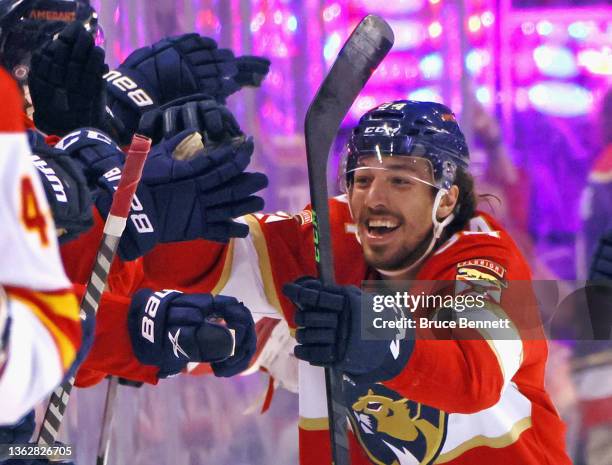 Ryan Lomberg of the Florida Panthers celebrates his second period goal against the Calgary Flames on January 04, 2022 at the FLA Live Arena in...