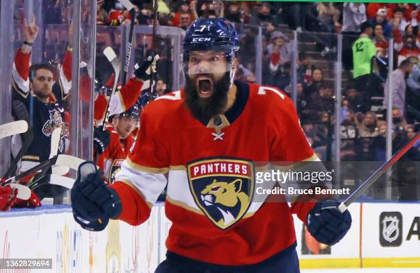 Radko Gudas of the Florida Panthers celebrates a third period goal by Patric Hornqvist against the Calgary Flames on January 04, 2022 at the FLA Live...
