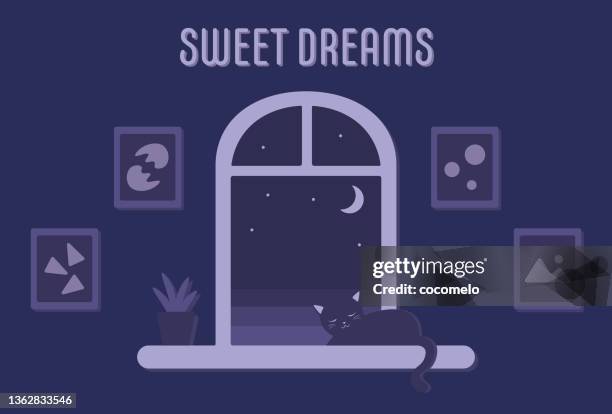 sweet dreams, cat sleeping on the windowsill. - window sill stock illustrations