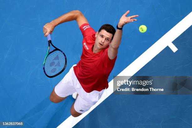 Hubert Hurkacz of Poland serves in his group D match against Diego Schwartzman of Argentina during the day five 2022 ATP Cup tie between Poland and...