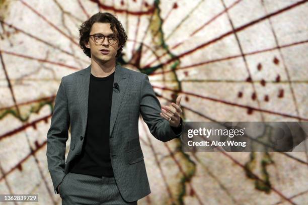 Actor Tom Holland speaks during a Sony media event for CES 2022 at the Mandalay Bay Convention Center on January 4, 2022 in Las Vegas, Nevada. CES,...