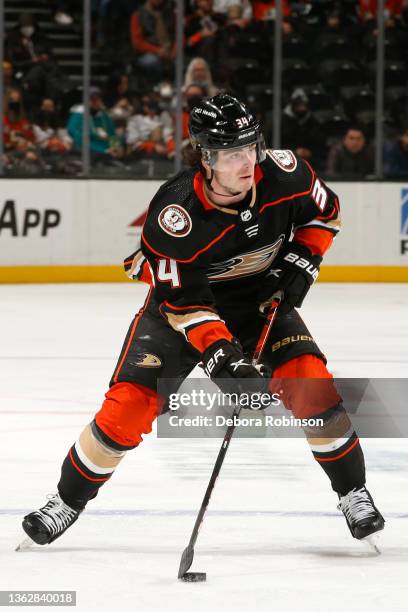 Jamie Drysdale of the Anaheim Ducks skates on the ice during the first period against the Philadelphia Flyers at Honda Center on January 4, 2022 in...