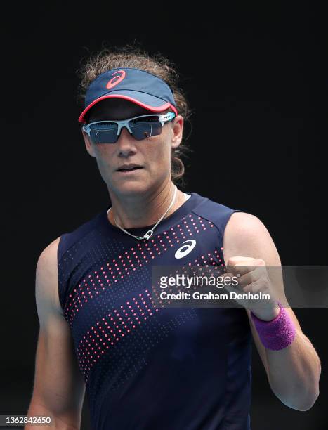 Samantha Stosur of Australia celebrates a point during her match against Zhu Lin of China during day three of the Melbourne Summer Events at...