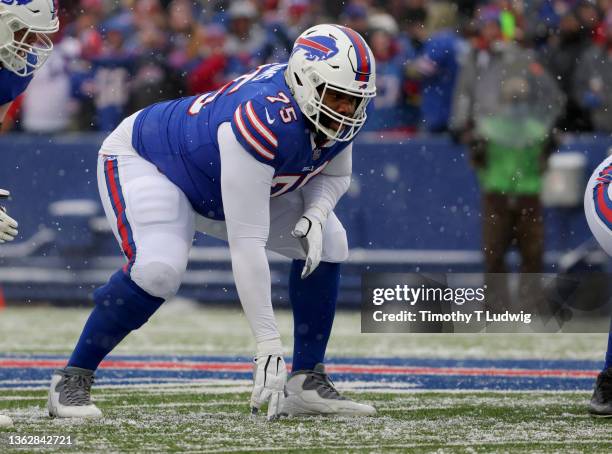 Daryl Williams of the Buffalo Bills looks to make a block against the Atlanta Falcons at Highmark Stadium on January 2, 2022 in Orchard Park, New...