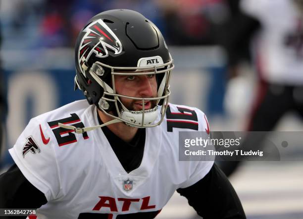 Josh Rosen of the Atlanta Falcons on the field before a game against the Buffalo Bills at Highmark Stadium on January 2, 2022 in Orchard Park, New...