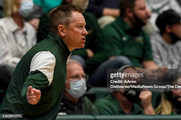 Head coach Niko Medved of the Colorado State Rams watches the action against the Air Force Falcons during the first half at at Moby Arena on Tuesday,...