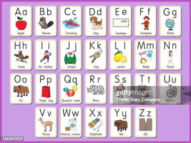 vektorabbildung der alphabet-karte a-z groß- oder kleinbuchstaben für anfänger abc - leselernkarte stock-grafiken, -clipart, -cartoons und -symbole