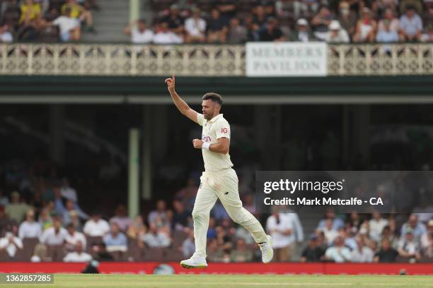 James Anderson of England celebrates taking the wicket of Marcus Harris of Australia during day one of the Fourth Test Match in the Ashes series...