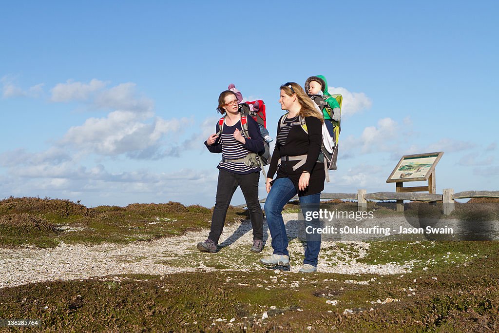 Two mother and baby walking on coastal