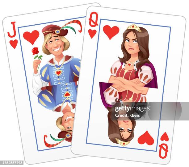 stockillustraties, clipart, cartoons en iconen met jack of hearts flirting with annoyed queen of hearts - prince charming