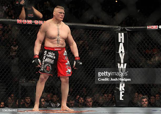 Brock Lesnar stands in the Octagon before his bout against Alistair Overeem during the UFC 141 event at the MGM Grand Garden Arena on December 30,...