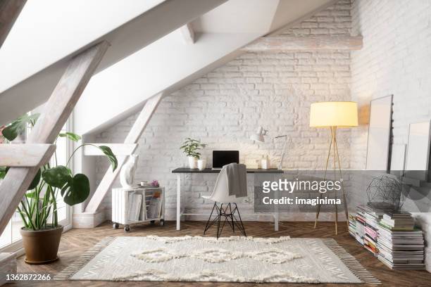scandinavian style attic modern home office interior - plant white background stock pictures, royalty-free photos & images