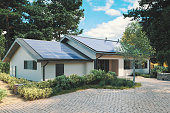 Energy Efficient House With Solar Panels And Wall Battery For Energy Storage