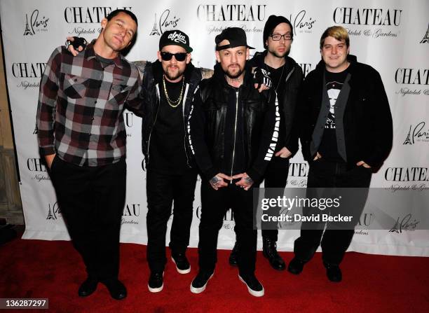 Dean Butterworth, Joel Madden, Benji Madden, Billy Martin and Paul Thomas of Good Charlotte arrive at the Chateau Nightclub & Gardens at the Paris...