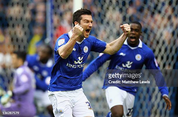 David Nugent of Leicester celebrates his goal during the npower Championship match between Leicester City and Portsmouth at The King Power Stadium on...
