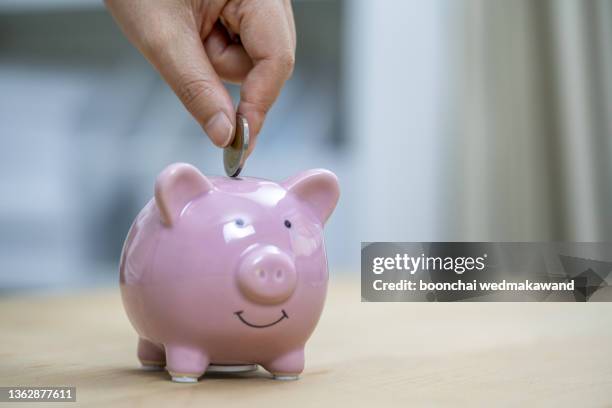 close a large number of invoices on the table. financial statistics document utility bills household payments emphasis on a woman's hand putting a coin in a piggy bank. - diferença salarial - fotografias e filmes do acervo