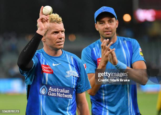 Peter Siddle of the Strikers walks off celebrating 5 wickets during the Men's Big Bash League match between the Adelaide Strikers and the Hobart...