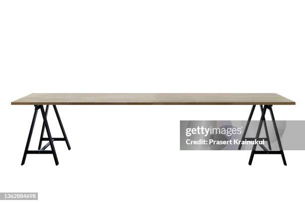 long wood table top isolated on white with clipping path - long table stockfoto's en -beelden