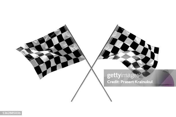 checkered flag racing isolated on white - zielflagge stock-fotos und bilder